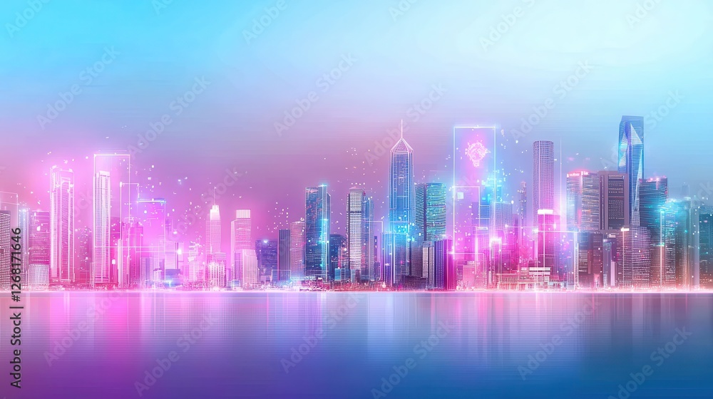 Poster futuristic cyberpunk cityscape with vibrant illuminations and floating elements in a dreamlike setti