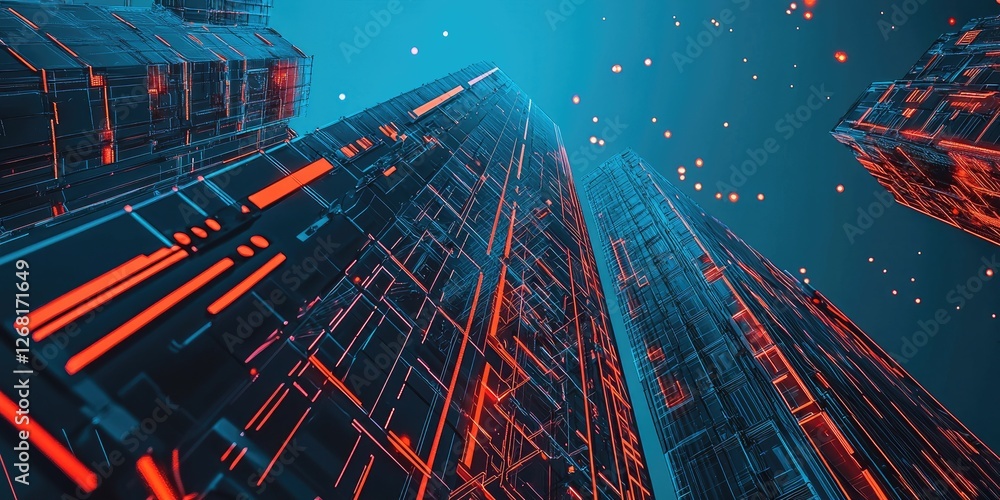 Poster a futuristic skyscraper with robotic construction elements, featuring sleek AI integration and a high-tech urban skyline.