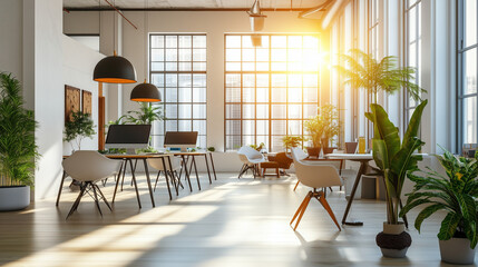 Spacious office space featuring ergonomic furniture and design, promoting productivity and collaborative modern work environment