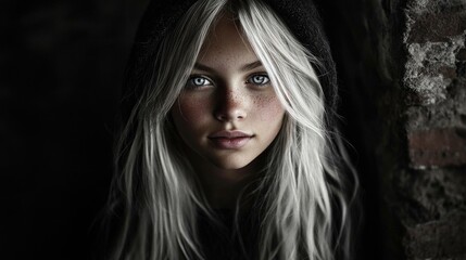 Fototapeta premium Young caucasian female with long blonde hair in mysterious portrait