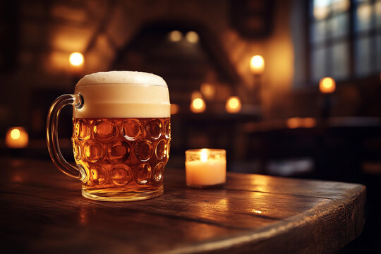 Warm atmosphere with a frosty mug of beer and a flickering candle on a wooden table