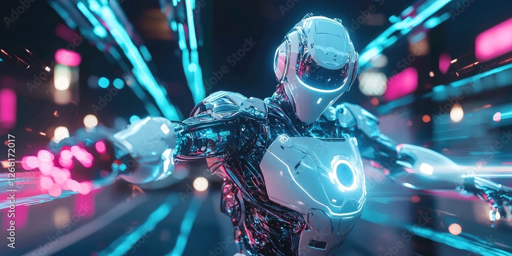 Leinwandbilder a robotic figure in motion within a cyberpunk world, showcasing sleek design, glowing neon features,