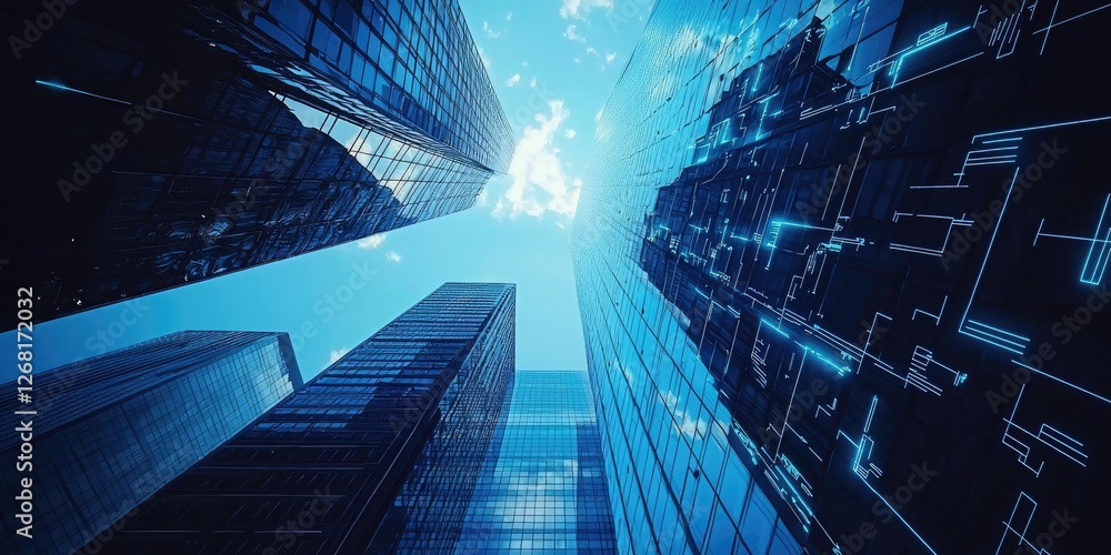Poster a detailed view of a skyscraper in a futuristic city, showcasing robotic elements, advanced ai, and 
