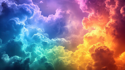 Fototapeta premium Beautiful sky with rainbow color clouds. Red, orange, yellow, green, blue, purple violet colors sky background