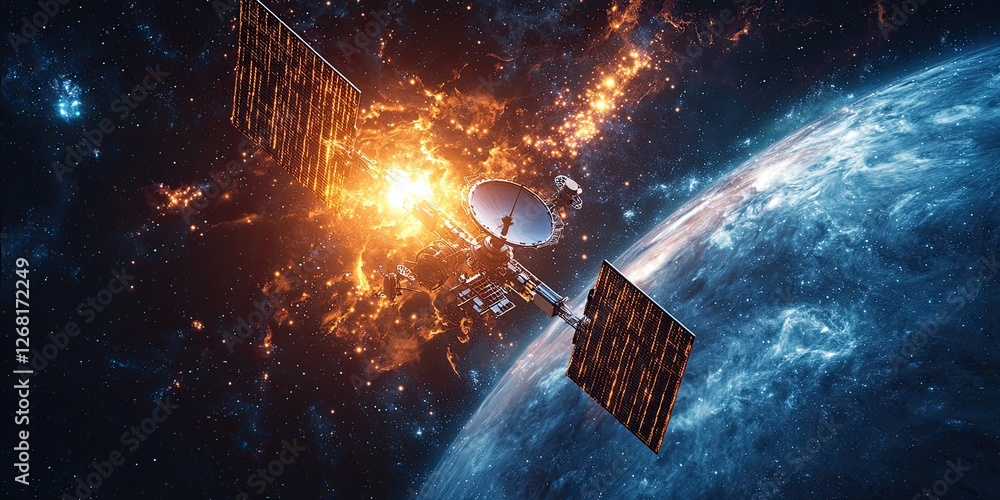 Poster Advanced AI satellites orbiting a galaxy, capturing data streams and cosmic signals, depicted in a high-tech, futuristic style.