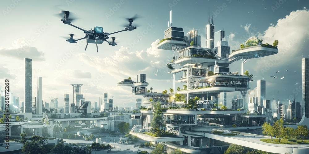 Leinwandbilder a city in a space-age environment with advanced architecture, floating platforms, and interconnected