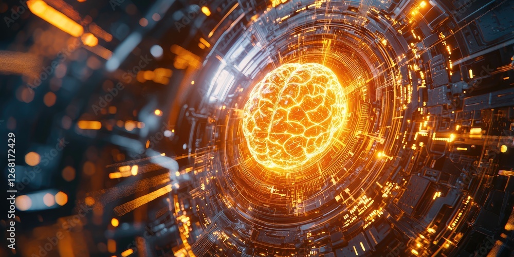 Poster a glowing AI brain in a cyberpunk environment, with intricate neural networks, data streams, and advanced technology aesthetics.