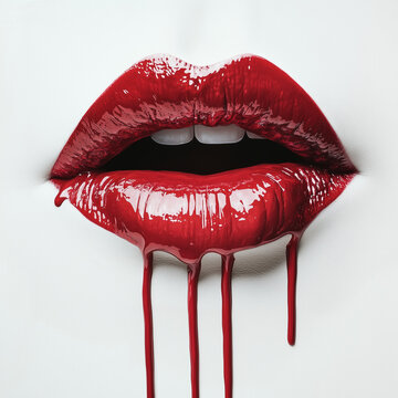 Labbra con rossetto che cola su sfondo bianco. 