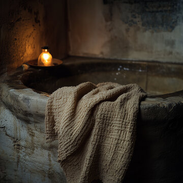 Ancient stone basin with cloth and candlelight
