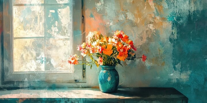 Impressionistic painting depicts flowers in a vase by window