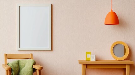 Minimalist Interior Mockup with Blank Frame and Orange Pendant Lamp