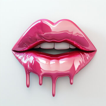 Labbra con rossetto che cola su sfondo bianco. 