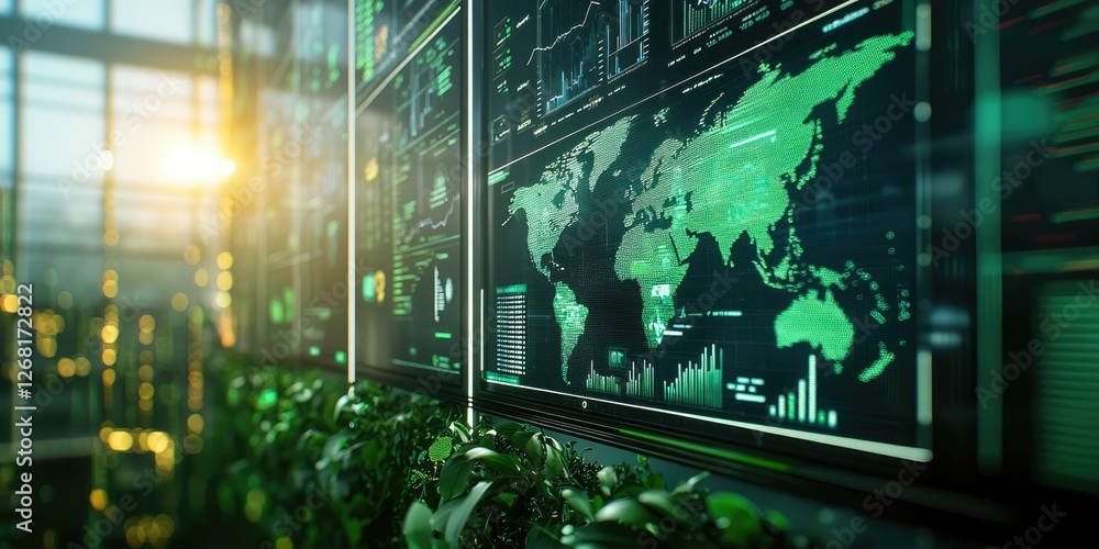 Poster Digital World Map Display with Green and Blue Analytics, Data Visualization in Modern Office Setting with Natural Light and Lush Plants