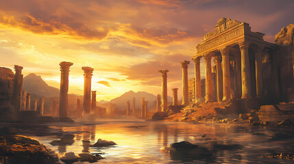 Fototapeta premium Breathtaking sunrise illuminates ancient ruins with crumbling columns, casting warm golden light over landscape. scene evokes sense of history and tranquility. Gilded Ruins. Illustration