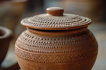 Decoratively carved clay pot with lid showcasing traditional craftsmanship in artisan workshop