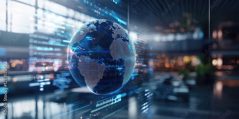 Aufkleber 3D Digital Globe Display with Data Connections in Modern Office Environment Highlighting Global Technology and Connectivity Concepts