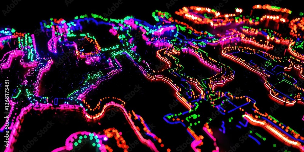 Poster colorful abstract neon lights creating intricate patterns on a dark background, representing digital