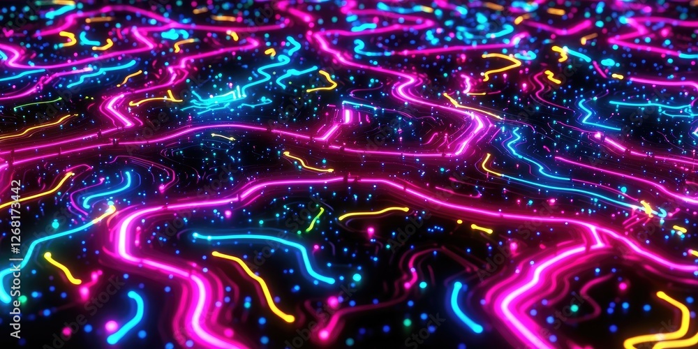 Aufkleber Vibrant Abstract Neon Light Pattern with Colorful Waves and Glowing Dots on Dark Background for Modern Design and Technology Themes