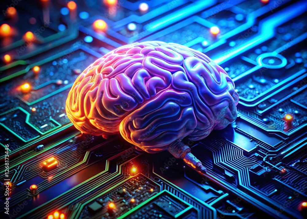 Poster digital brain circuit board: ai, data processing, artificial intelligence stock photo