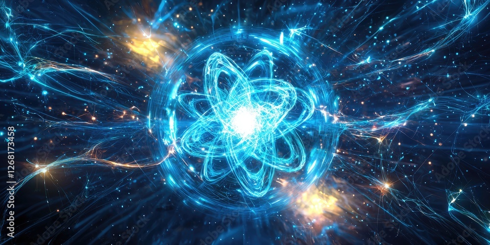 Poster stunning abstract representation of an atom with energetic blue glow and dynamic light trails in spa