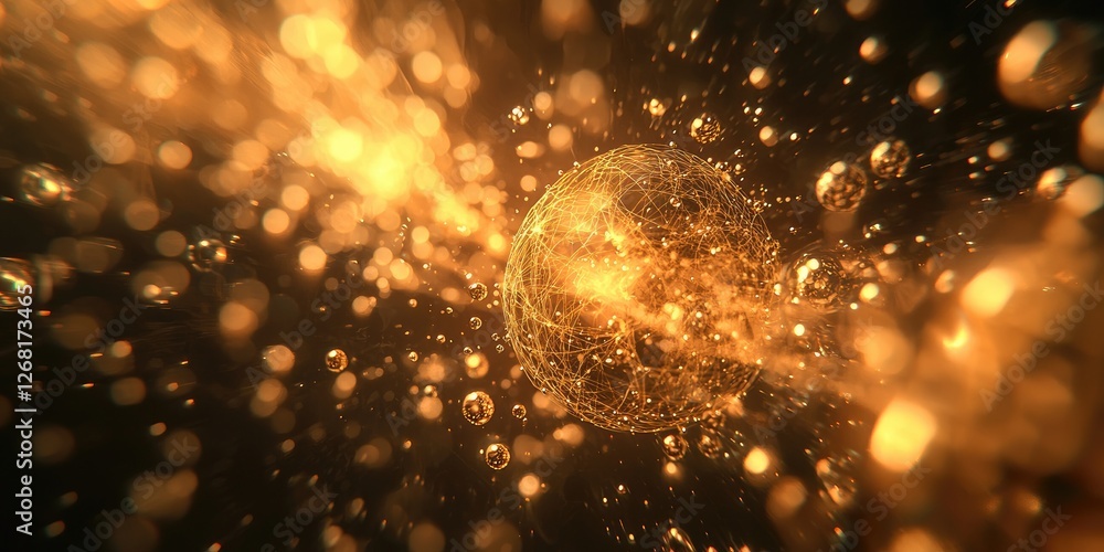 Aufkleber Abstract golden particles moving in a cosmic space with a glowing sphere surrounded by shimmering lights and blurred bokeh effects in a dark background