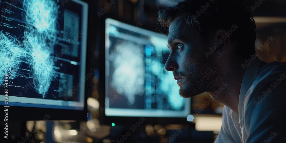 Poster Intense Focus of a Young Man Analyzing Data on Multiple Computer Screens in a Modern Tech Environment During Night Time