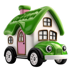 Cute Cartoon Green and Pink House on Wheels - Ideal for Real Estate Brochures and Children's Books