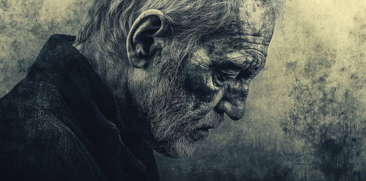 The portrait depicts a sorrowful old man in profile view