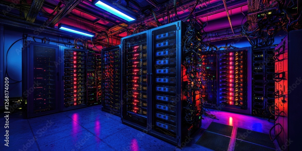 Poster High-Tech Data Center with Colorful LED Lights and Server Racks Illuminating Dark Environment for Technology and Innovation Themes