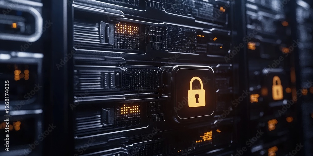 Poster Secure Server Storage with a Lock Symbol Representing Data Protection in a Digital Environment Featuring Dark Metallic Tones and Brightly Illuminated Lights