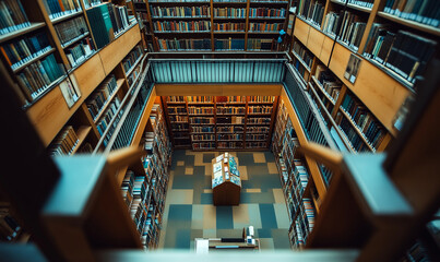 Quiet library captured from above showcasing rows of books and tranquil study ambiance for learning