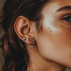 Close-up of ear with stylish multiple earrings and freckles