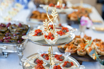catering buffet with different food snacks and appetizers on table