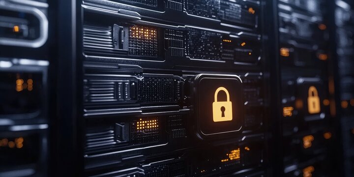 Secure Server Storage with a Lock Symbol Representing Data Protection in a Digital Environment Featuring Dark Metallic Tones and Brightly Illuminated Lights