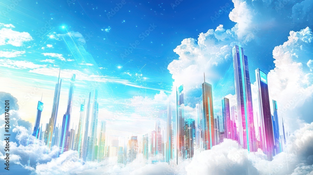 Poster futuristic skyline with floating structures and interactive holograms in a dreamlike atmosphere