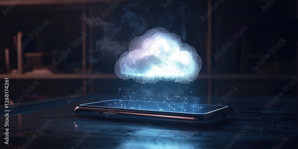 Aufkleber a smartphone with a glowing cloud above, symbolizing data transfer and storage in a digital atmosphe