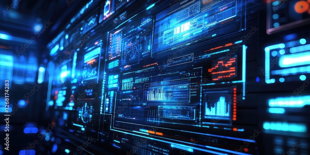 Poster Futuristic Digital Data Interface with Neon Glows, Graphics, Charts and Complex Patterns for Technology and Innovation Concept