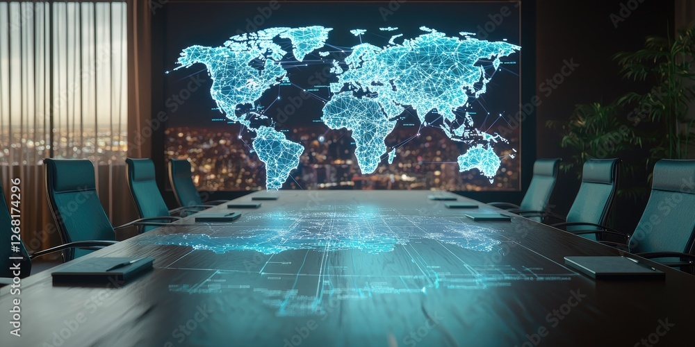 Fototapete Modern conference room with digital world map projection on wall and interactive table displaying global data and network connections at night