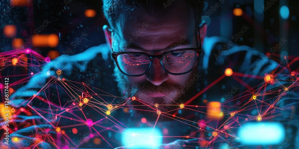 Poster Intense Focus of a Man Analyzing Digital Data with Futuristic Elements in a Dark Environment