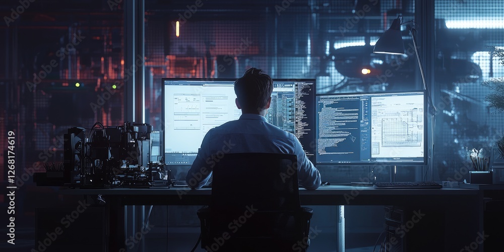 Leinwandbilder professional male programmer working late at night in modern office with dual monitors and advanced 