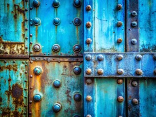 Double Exposure: Blue Metal Texture, Industrial Background, Rivets, Architectural Details
