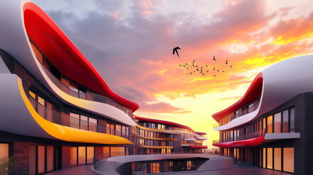 Spacious condo complex featuring abstract red accents and architectural design, creating a bold urban statement