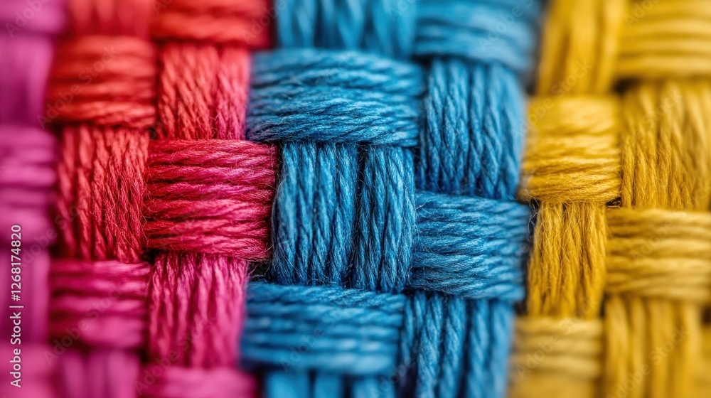 Poster close up of colorful interwoven threads creating textured fabric