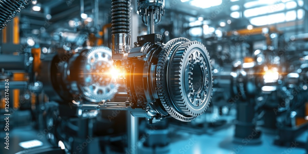 Poster advanced industrial machinery with gears and metallic components in a modern manufacturing facility 