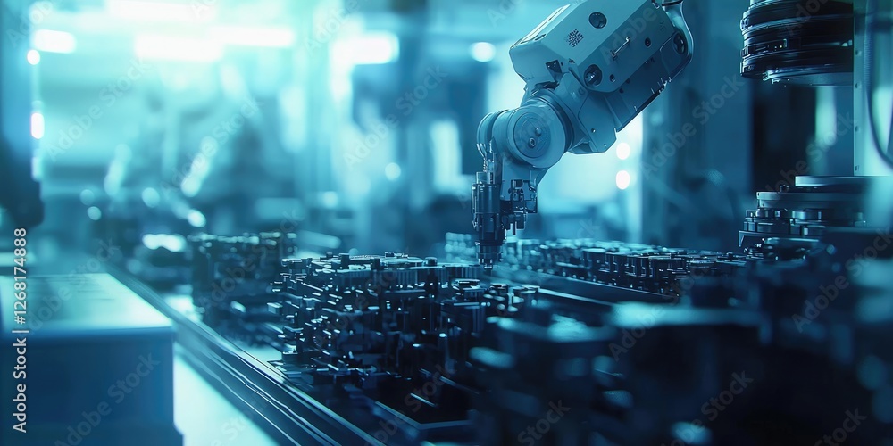Poster industrial robotic arm assembling components in a modern manufacturing facility with advanced techno