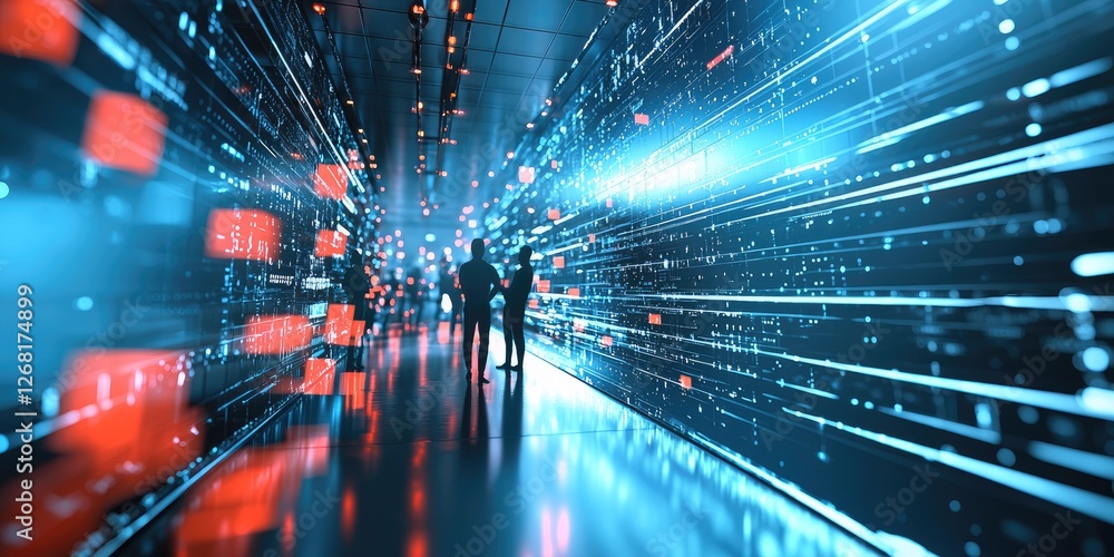Aufkleber Abstract futuristic corridor with glowing lights and silhouettes of people, representing technology, data flow, and digital transformation concepts