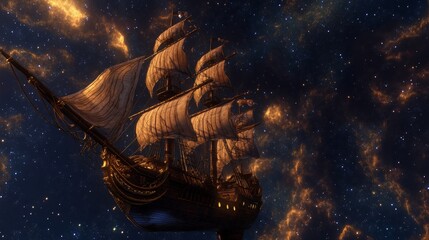 Original oil painting Flying an old pirate ship. Beautiful Sea ship is flying above starry sky - abstract fairy tale, dream. Peter Pan. Illustration. Postcard painting.