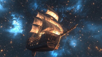 Original oil painting Flying an old pirate ship. Beautiful Sea ship is flying above starry sky - abstract fairy tale, dream. Peter Pan. Illustration. Postcard painting.