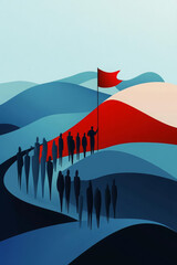 Silhouetted figures march towards red flag on stylized landscape