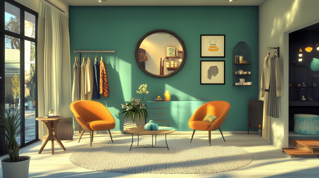 Mid-century modern boutique showcasing striking contrasting teal accents with vintage charm and contemporary design elegance
